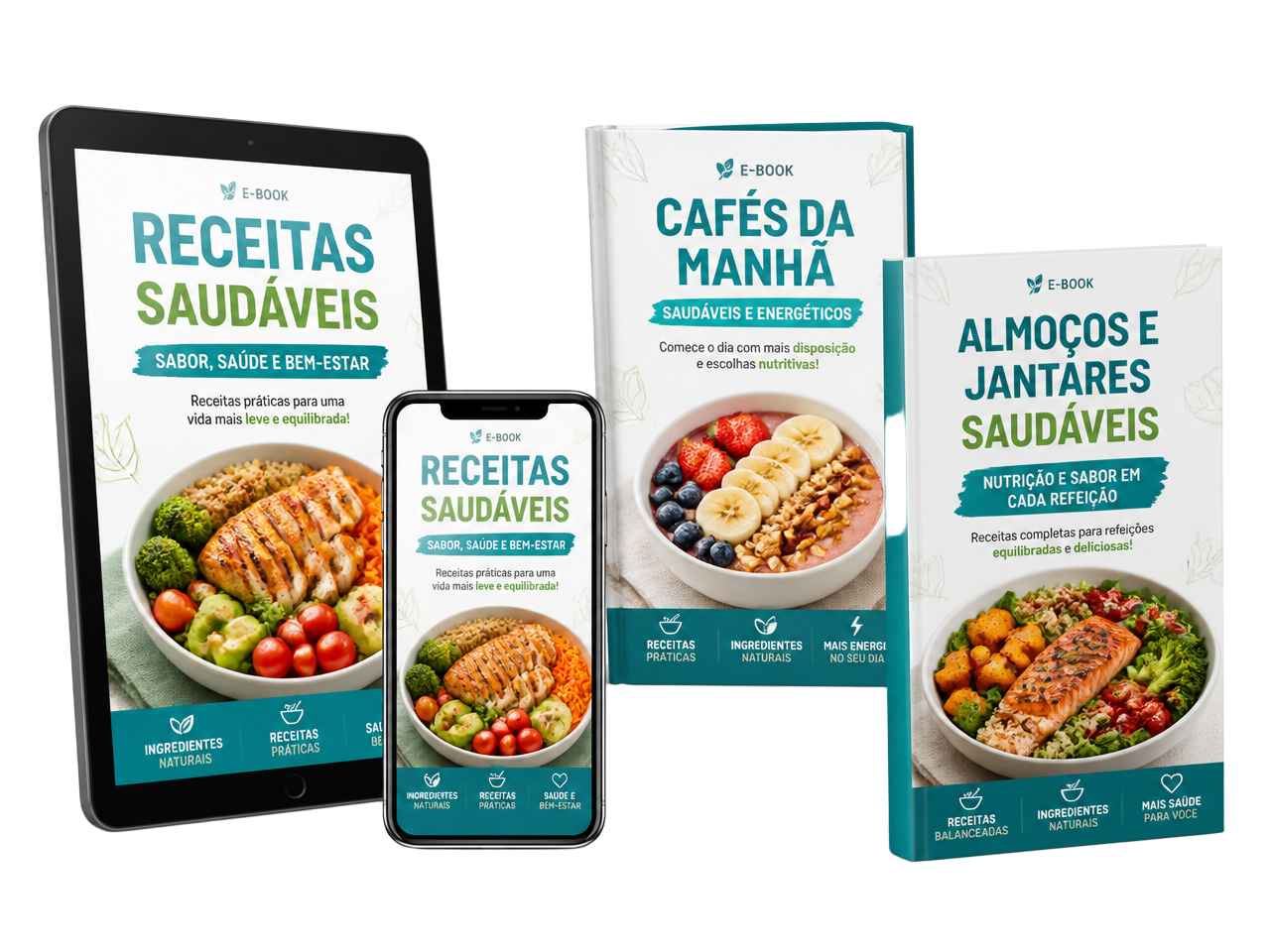 Mockup do curso de receitas em tablet, celular e ebooks