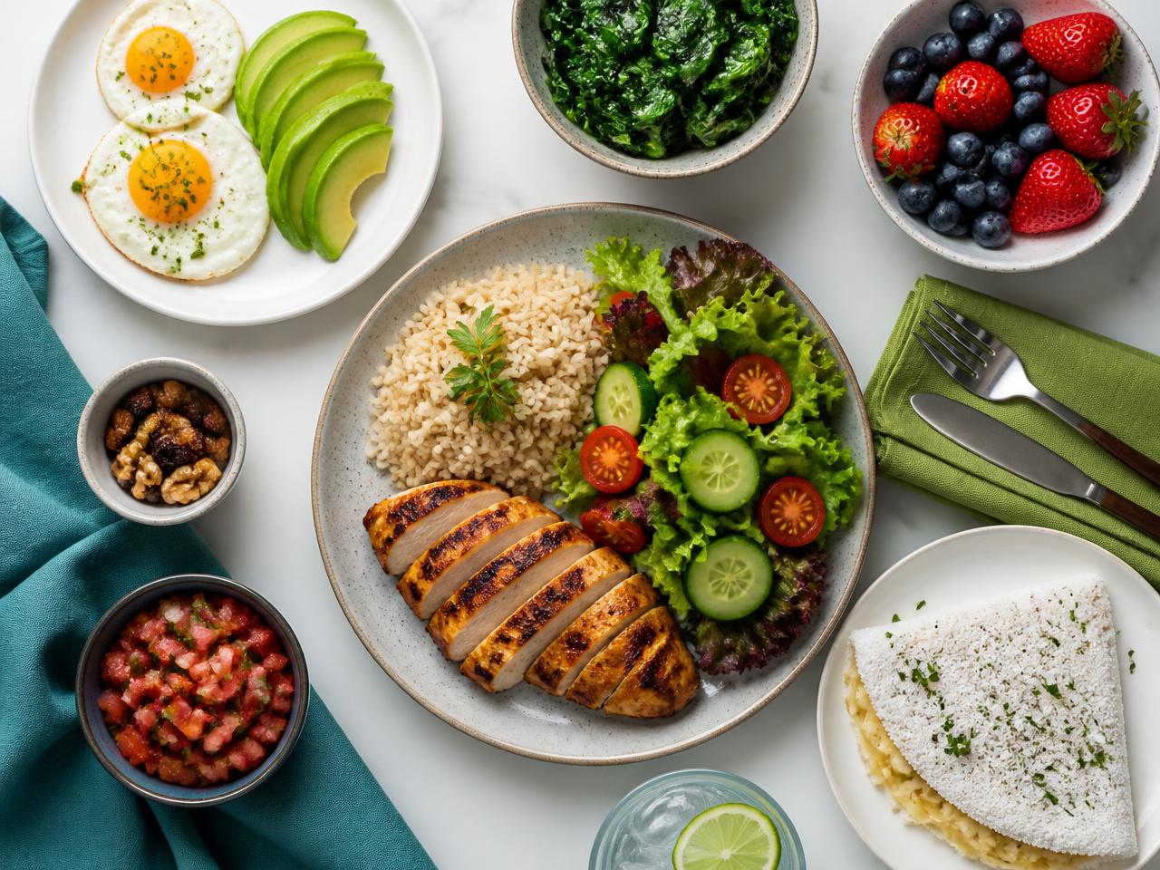 Pratos saudáveis montados com frango grelhado, salada, ovos e frutas